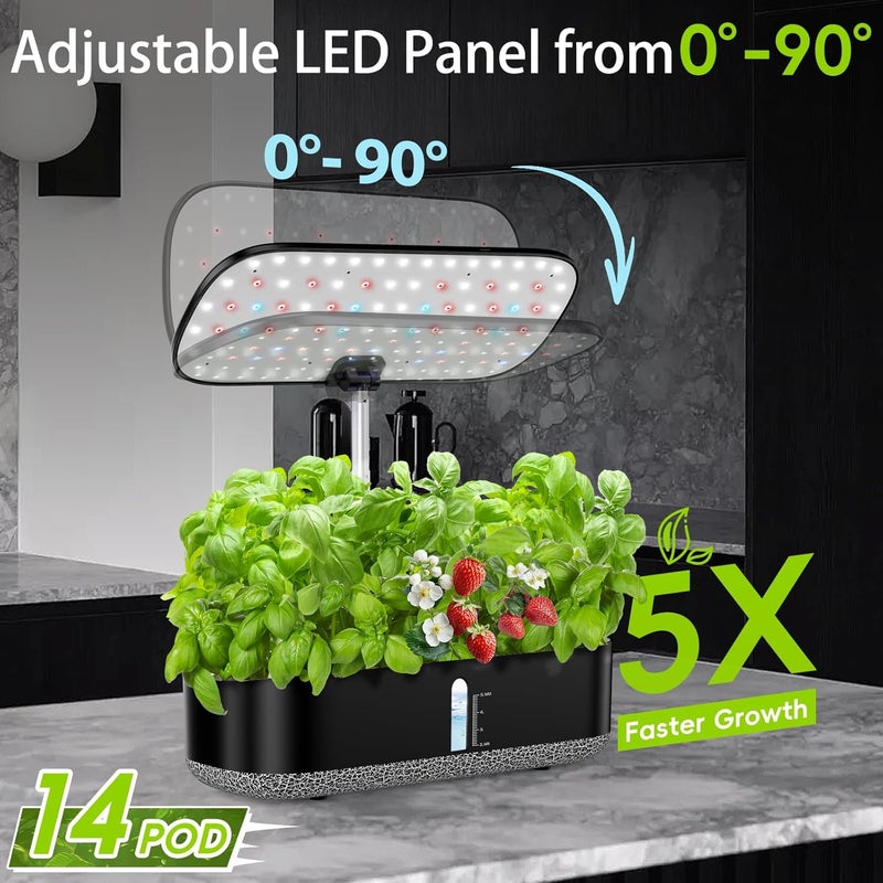 HYPOACE Store نظام زراعة هيدروبونيك مع ضوء نمو LED، حديقة أعشاب داخلية بـ 14 حبة، لوحة ضوء قابلة للدوران بتقنية الطيف الكامل، توقيت تشغيل وإيقاف تلقائي 12 14 16 ساعة، خزان ماء سعة 5 لتر، حصاد خضروات طازجة مثل الخس والريحان والطماطم - Image 3